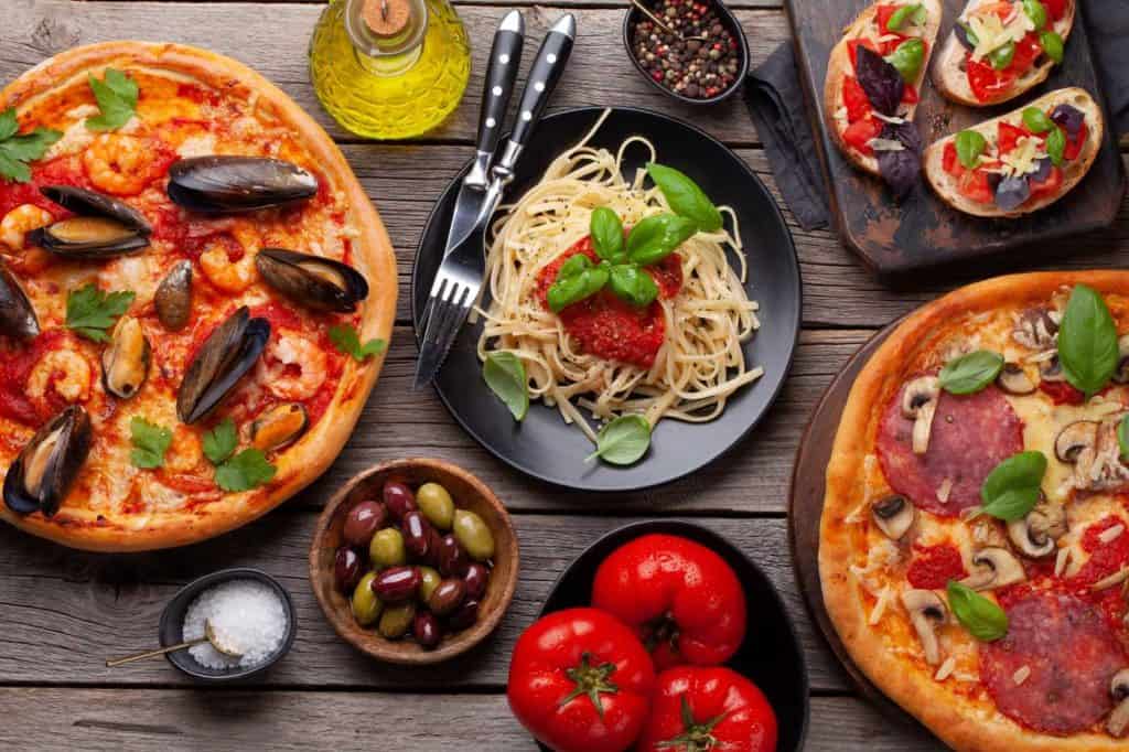 Italian cuisine with pizza and pasta